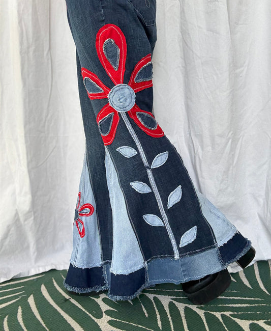 Retro Side Flower Bell Bottom Jeans (size 24) – Handmade Upcycled Denim