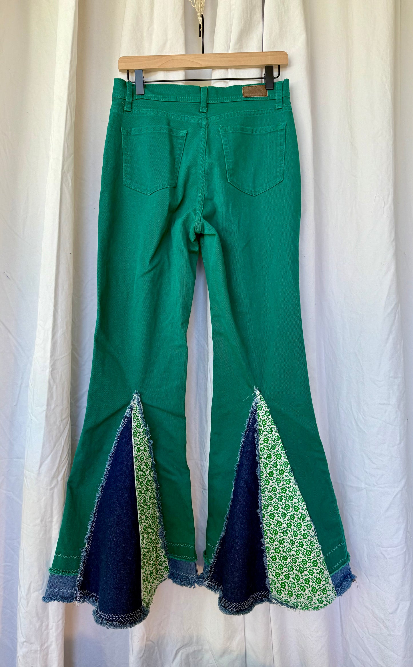 Green Bell Bottom Jeans (size 6) – Floral & Denim Patchwork Flare