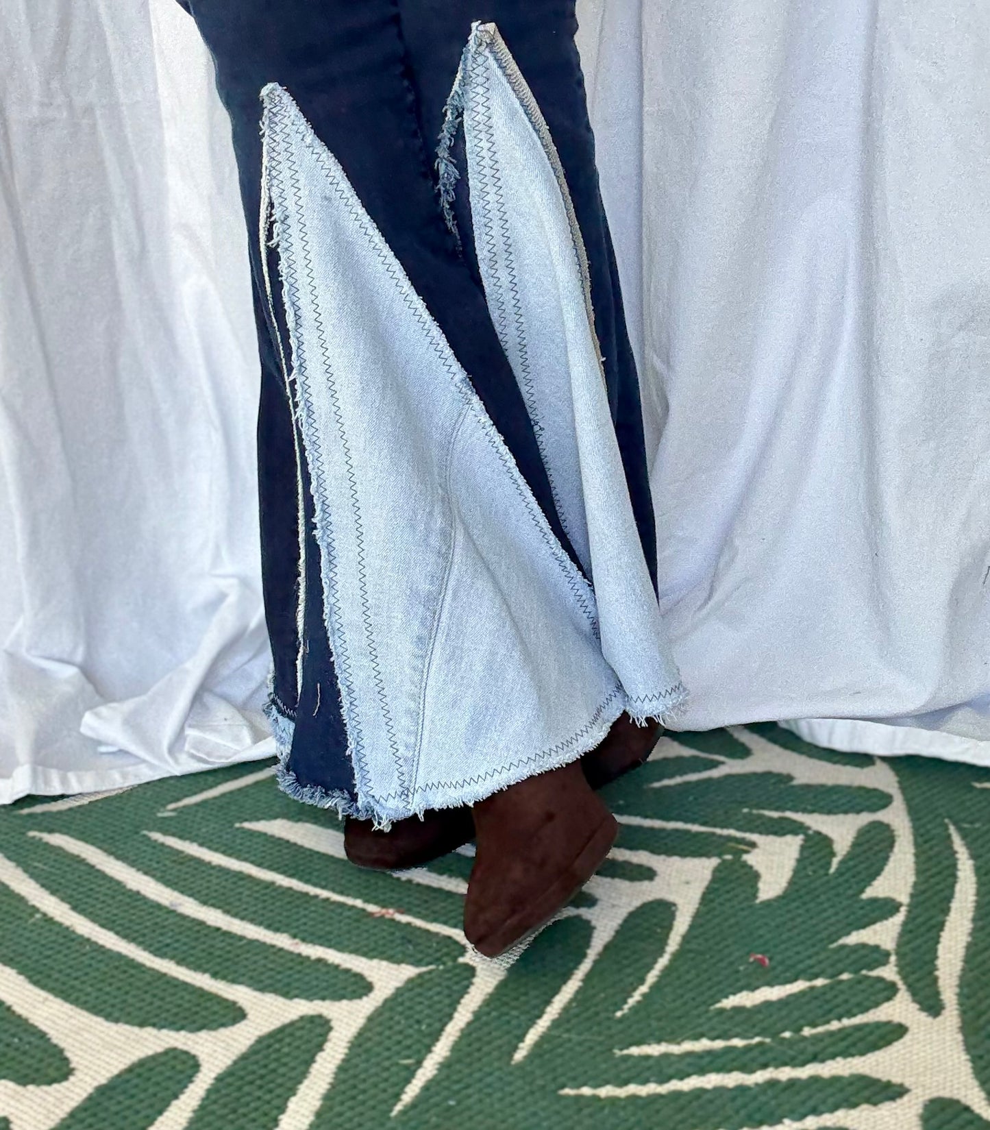 Denim-on-Denim Bell Bottom Jeans – Upcycled Two-Tone Flare with Frayed Seams | Vintage Inspired Boho Jeans (size 4)