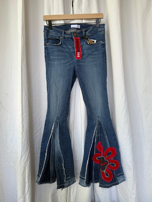 Chiefs Bell Bottom Jeans (size 6) – Red Flower Appliqué