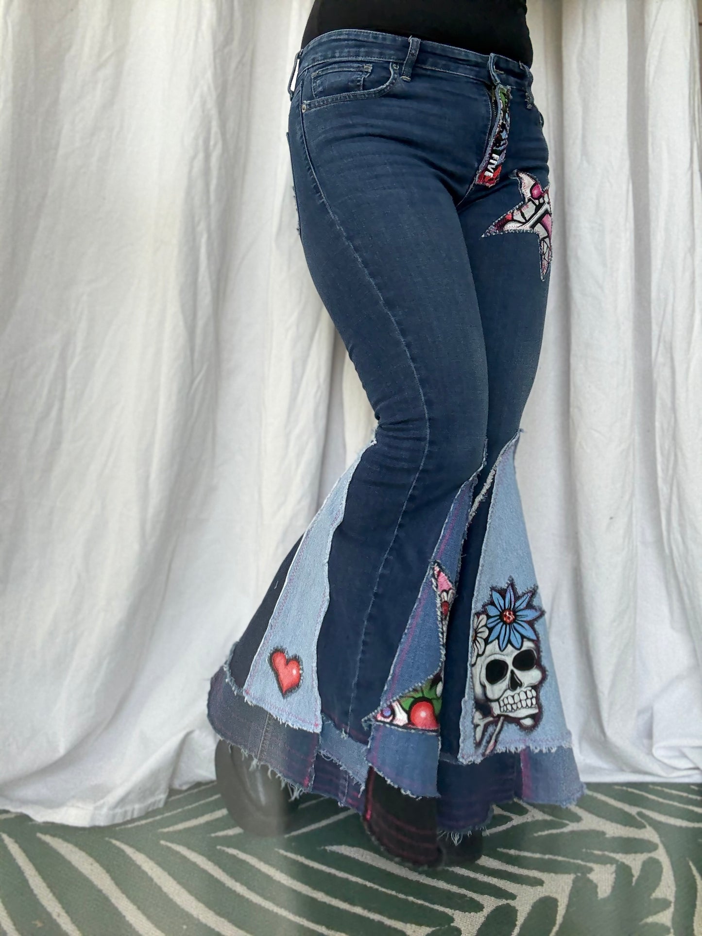 Sugar Skull Star Bell Bottom Jeans (size 8)