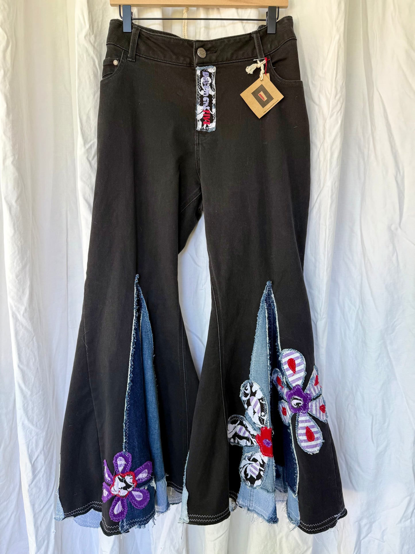 Midnight Bloom Upcycled Bell Bottoms (Size 18)