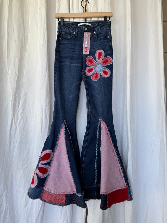 Denim Bell Bottom Jeans with Pink & Red Flower Design (size 00)