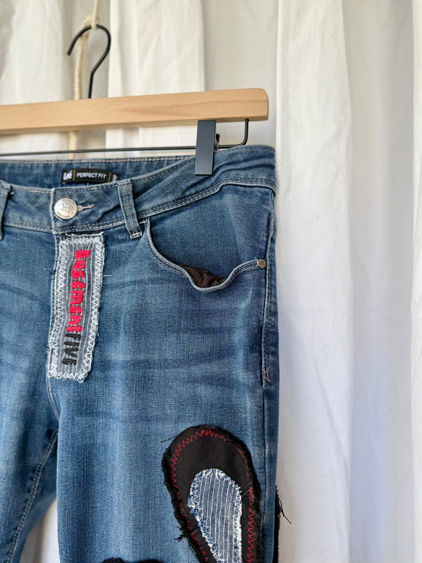 Denim Bell Bottoms – (size 10) Red & Black Floral Patchwork