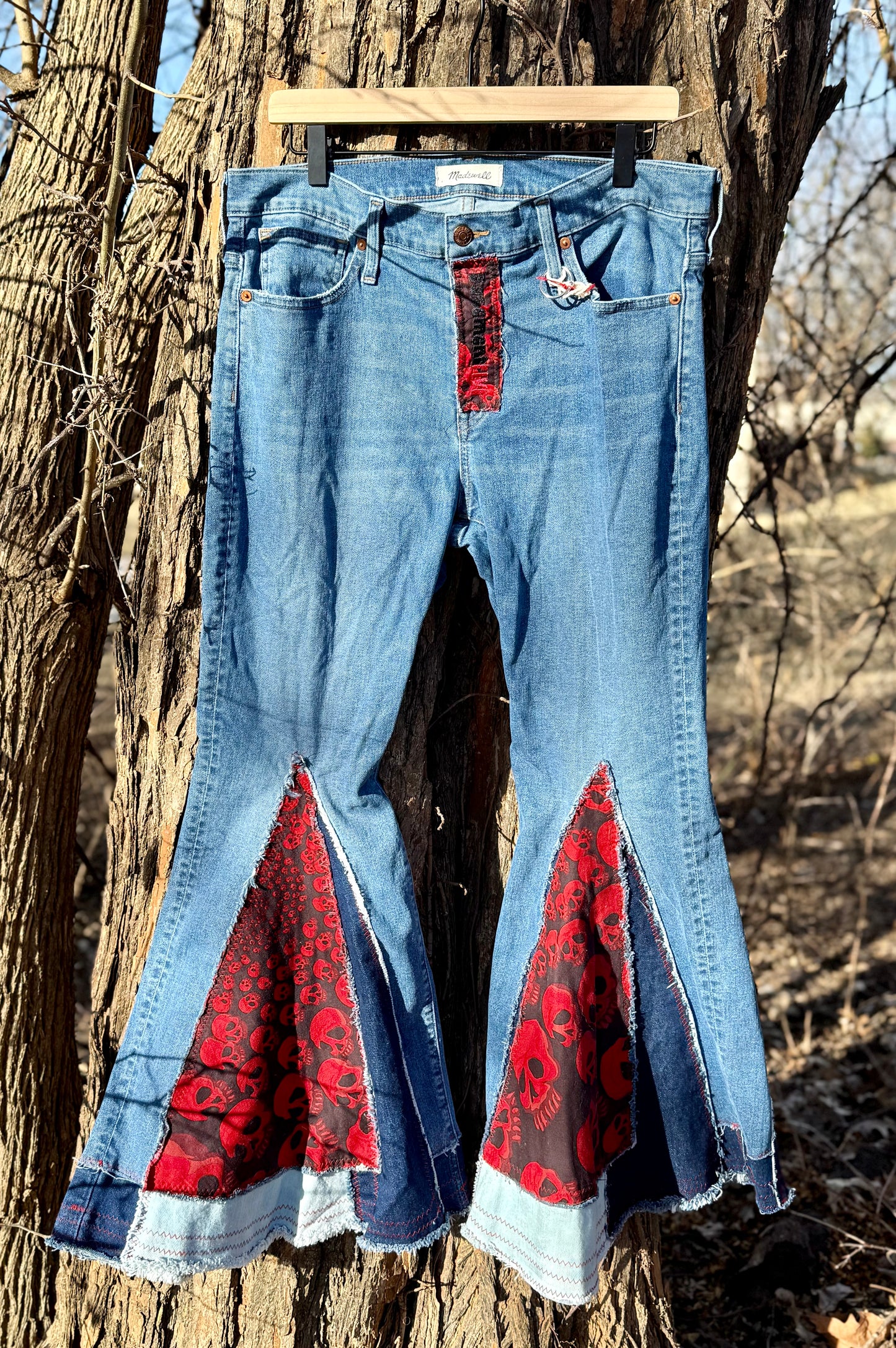 Crimson Skull Patchwork Bell Bottoms (Size 8)