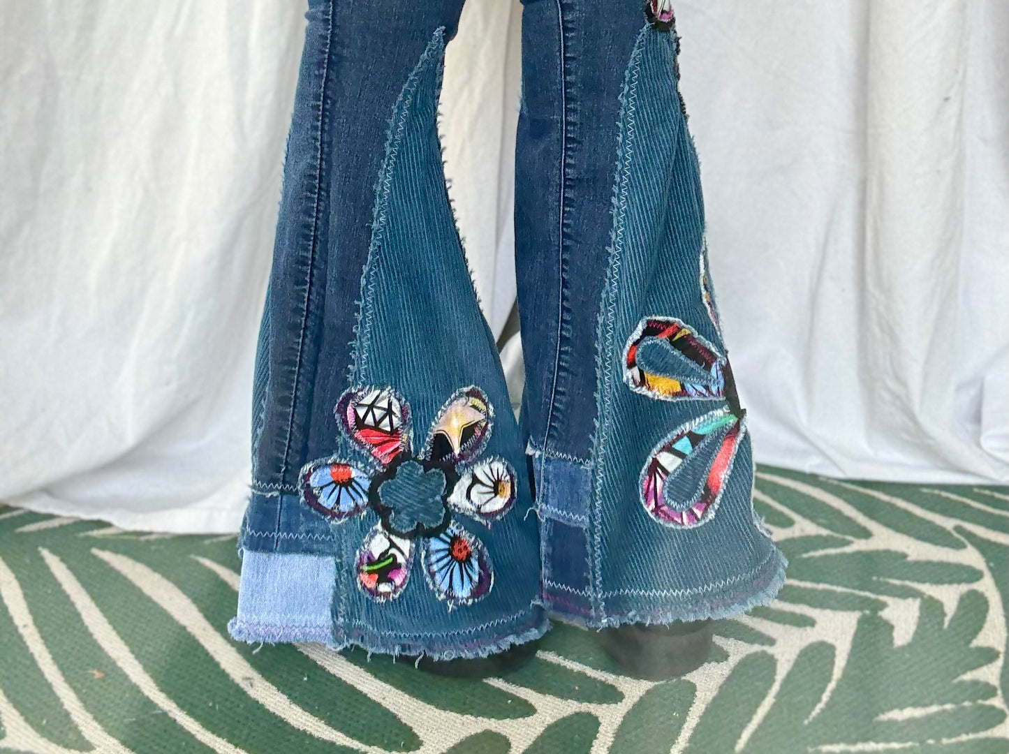 Upcycled Floral Skull Bell Bottom Jeans – Size 4