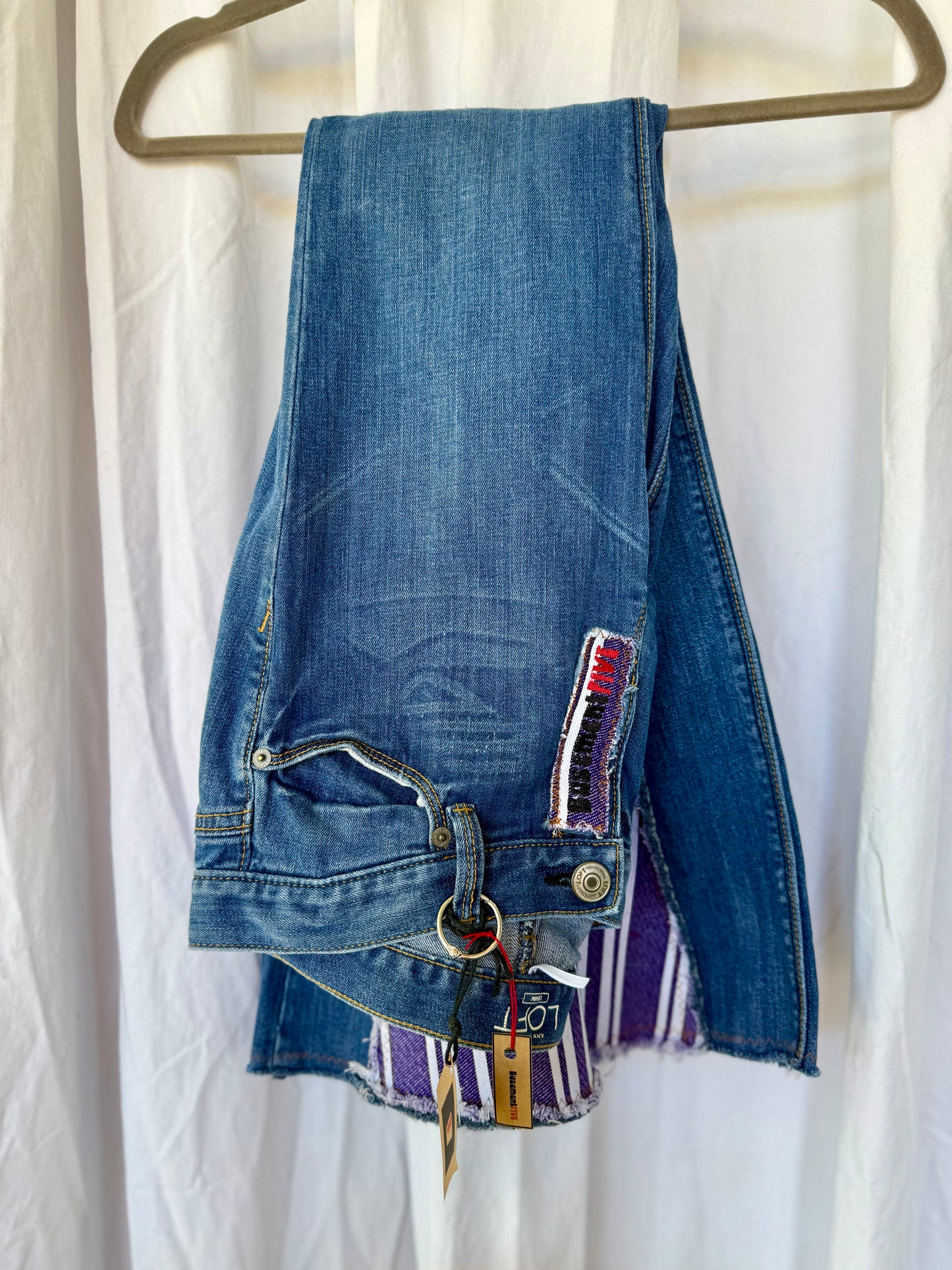 Purple Stripe & Velvet Flower Bell Bottom Jeans (size 4)