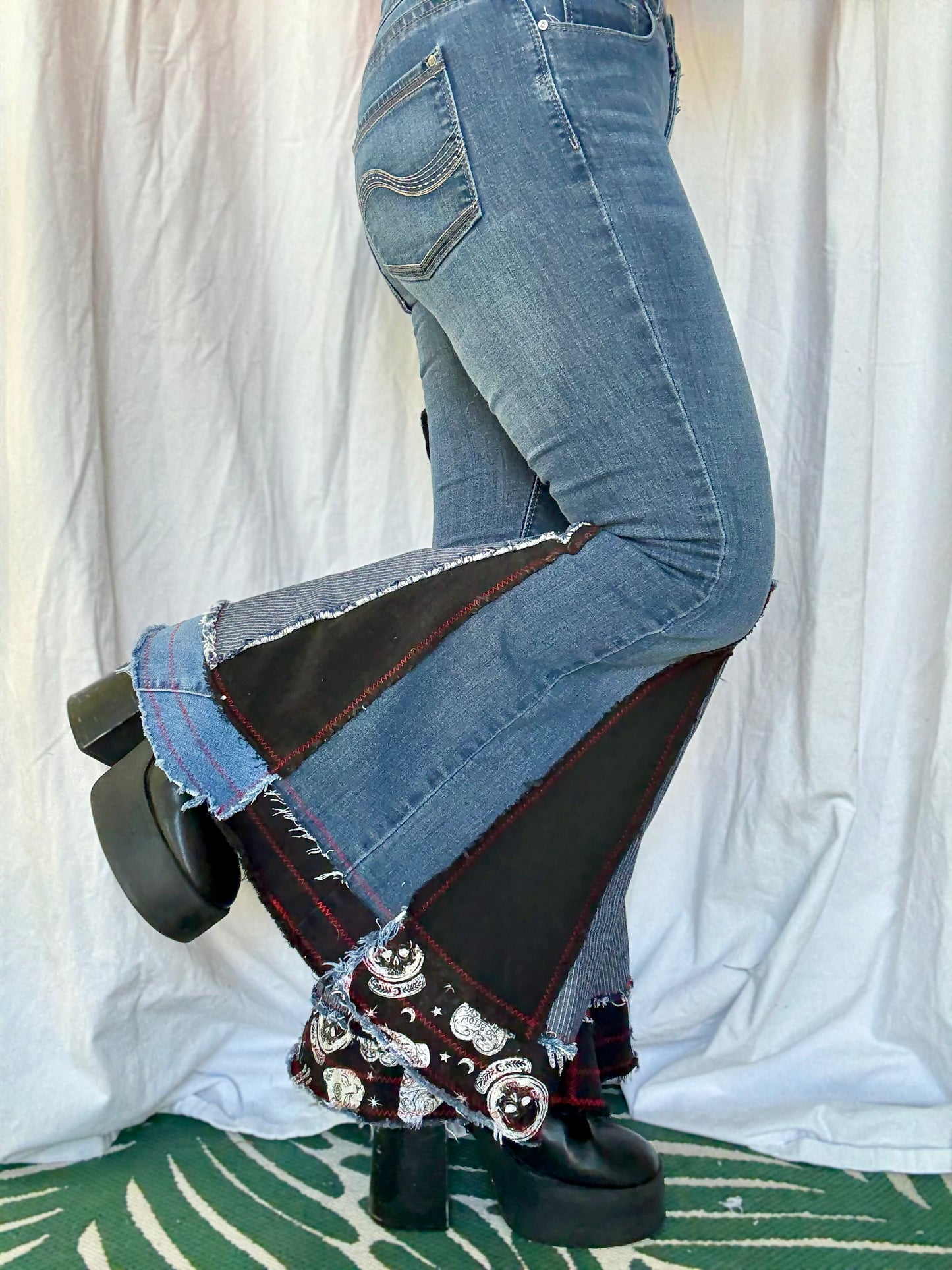 Denim Bell Bottoms – (size 10) Red & Black Floral Patchwork