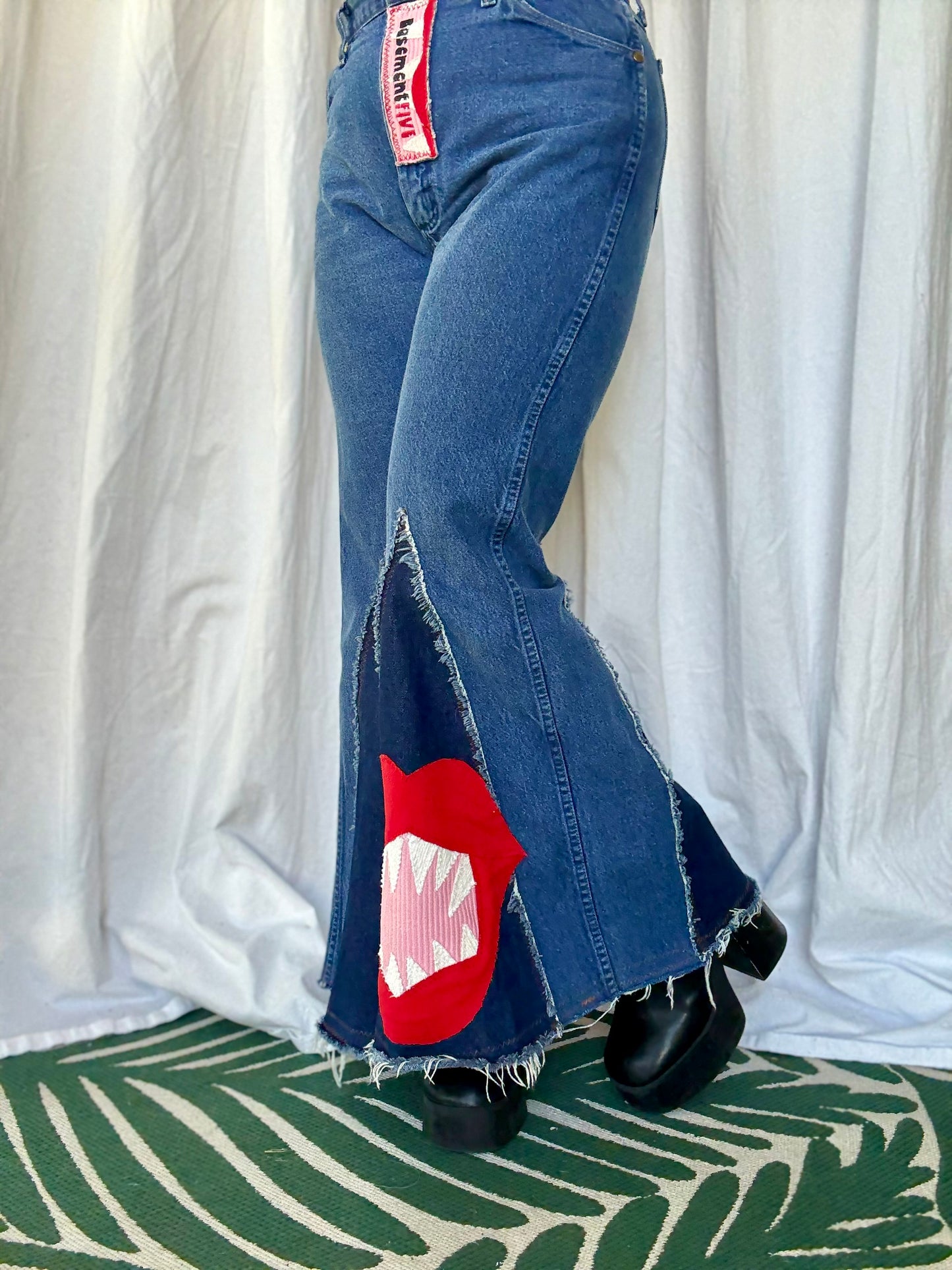 🩸 “Bite Me” Upcycled Denim Bell Bottoms – Size 11