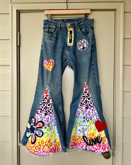 Rainbow Leopard Bell Bottom Jeans (Men’s 33x30)