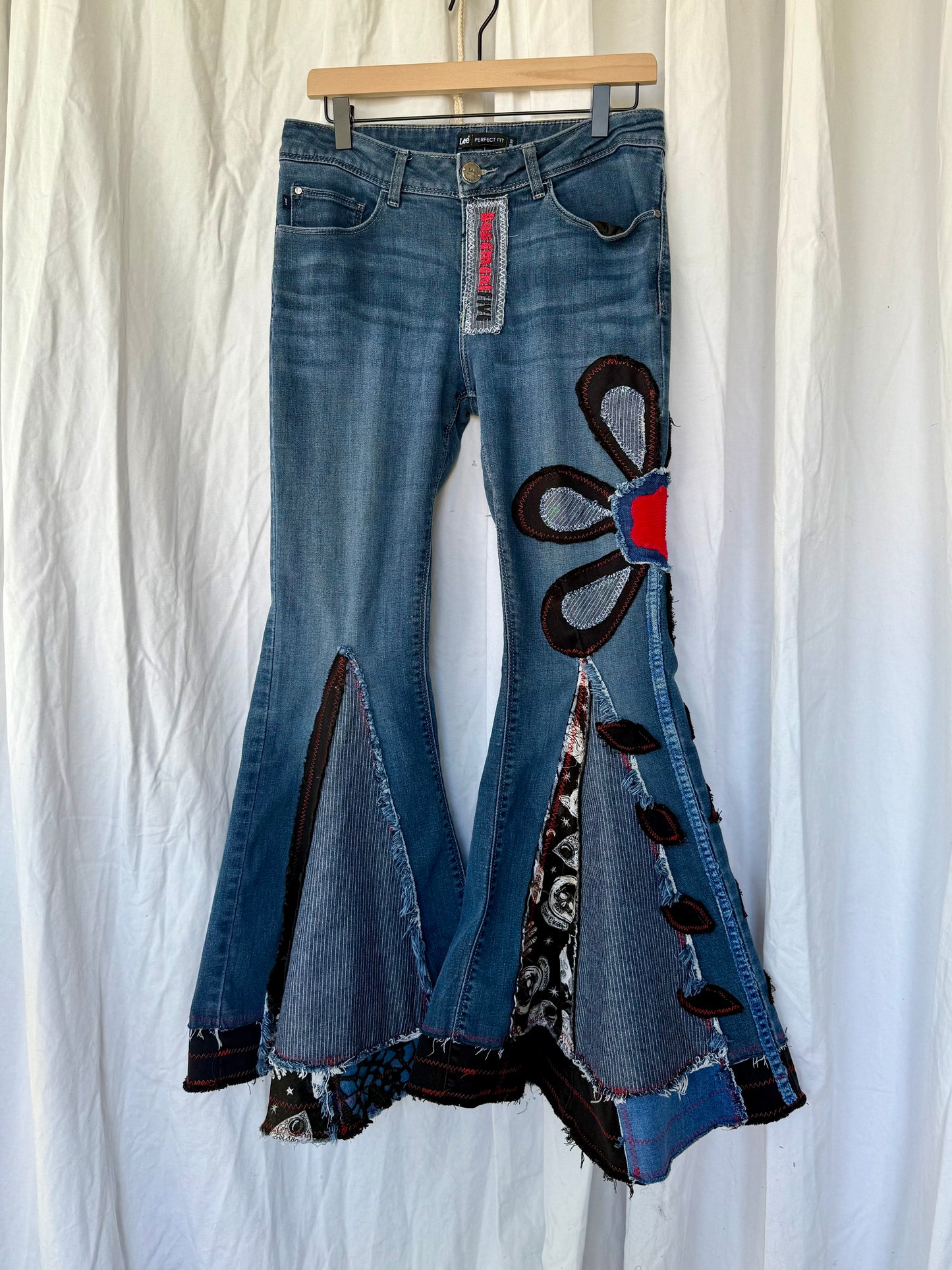 Denim Bell Bottoms – (size 10) Red & Black Floral Patchwork