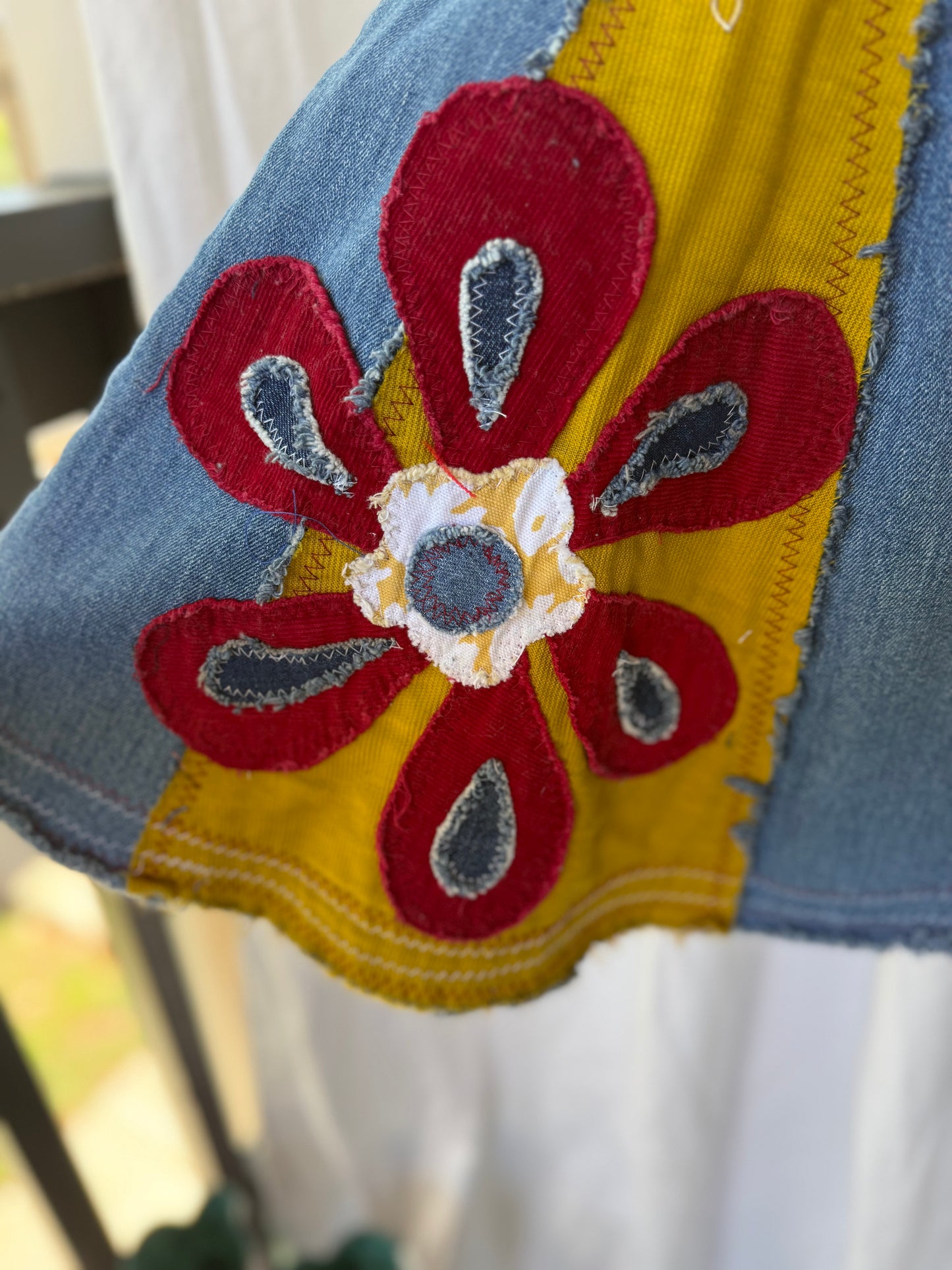 Mustard & Burgundy Flower Power Bell Bottom Jeans (size 8)