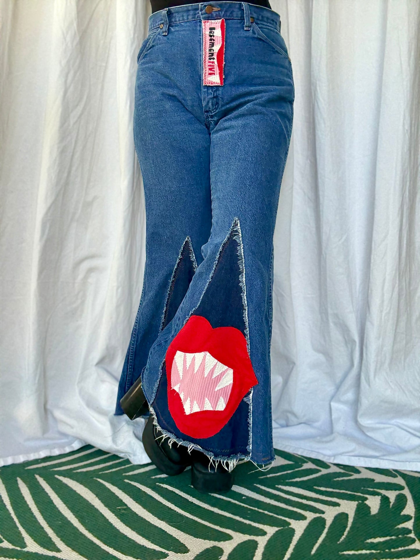 🩸 “Bite Me” Upcycled Denim Bell Bottoms – Size 11