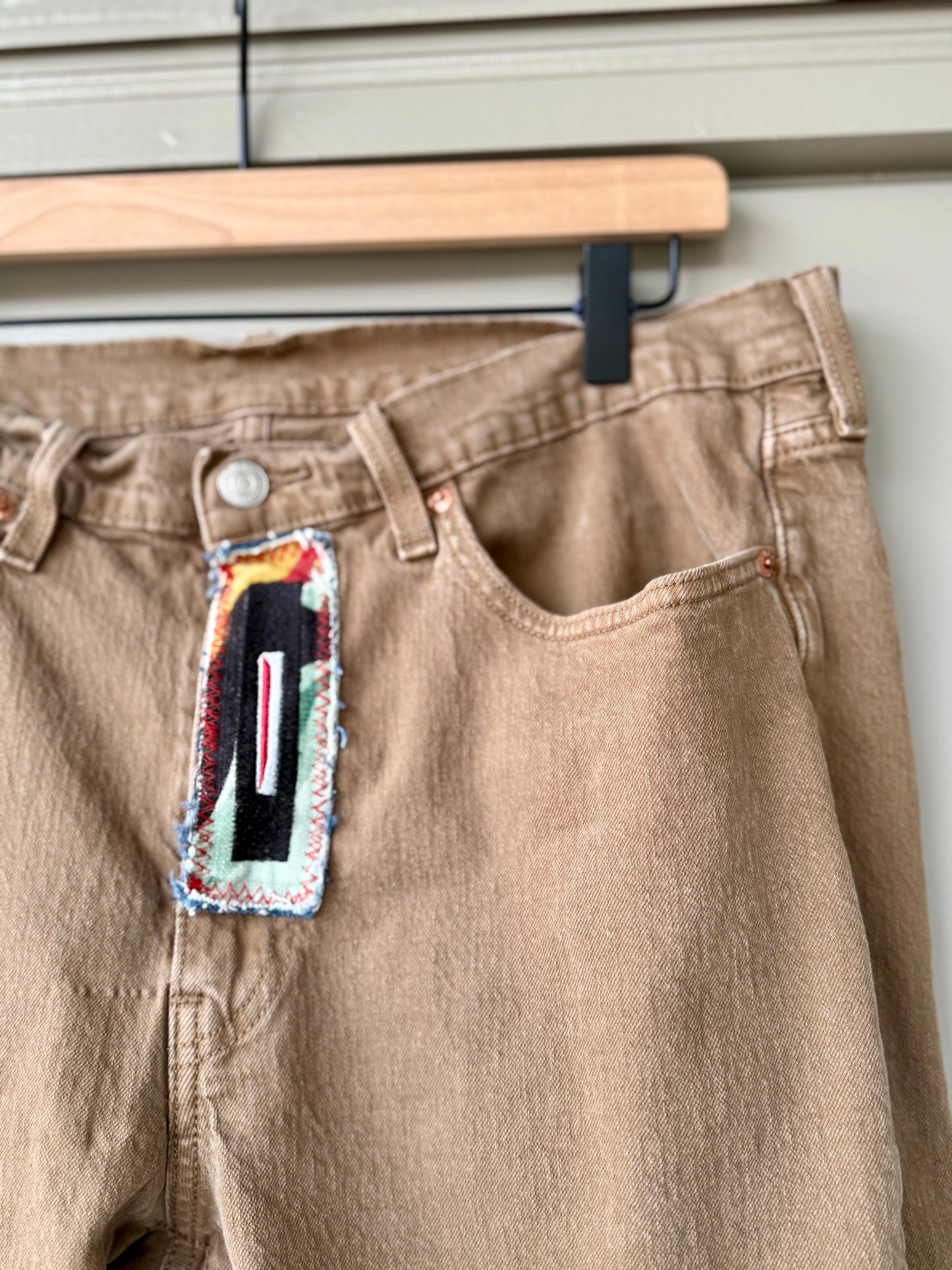 Men’s Upcycled Tan Floral Bell-Bottom Jeans – One-of-a-Kind Statement Pair (Levis 36x34)