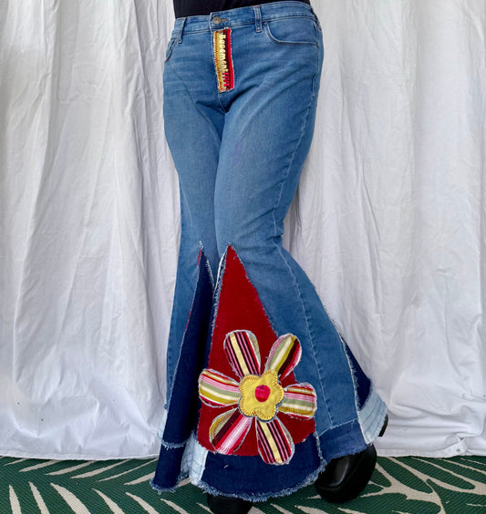 Striped Retro Flower Bell Bottoms - Size 16 (34x31