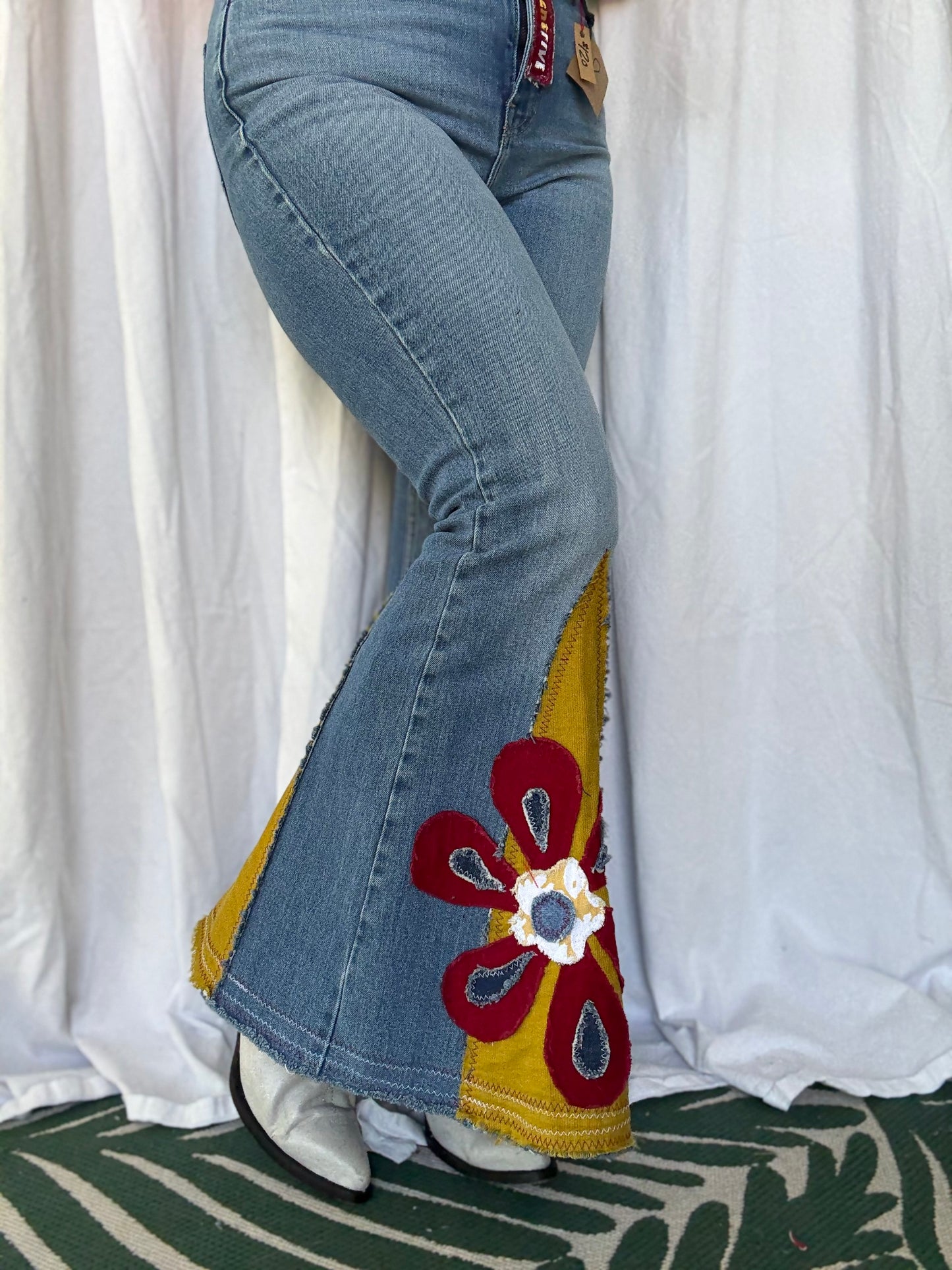Mustard & Burgundy Flower Power Bell Bottom Jeans (size 8)