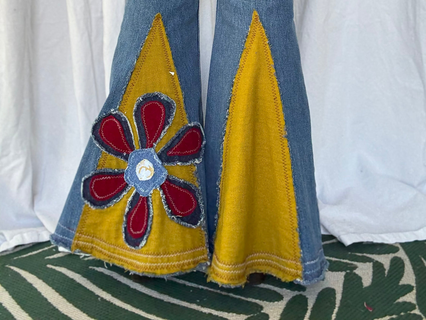 Mustard & Burgundy Flower Power Bell Bottom Jeans (size 8)