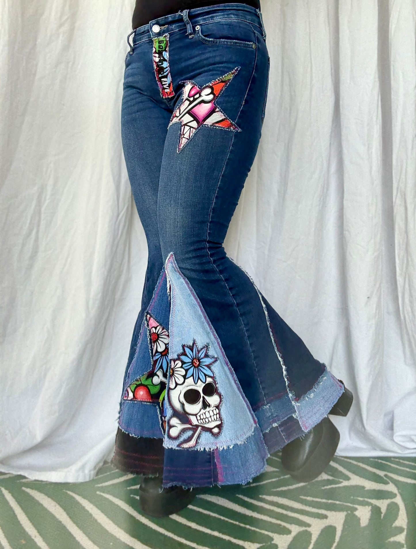 Sugar Skull Star Bell Bottom Jeans (size 8)