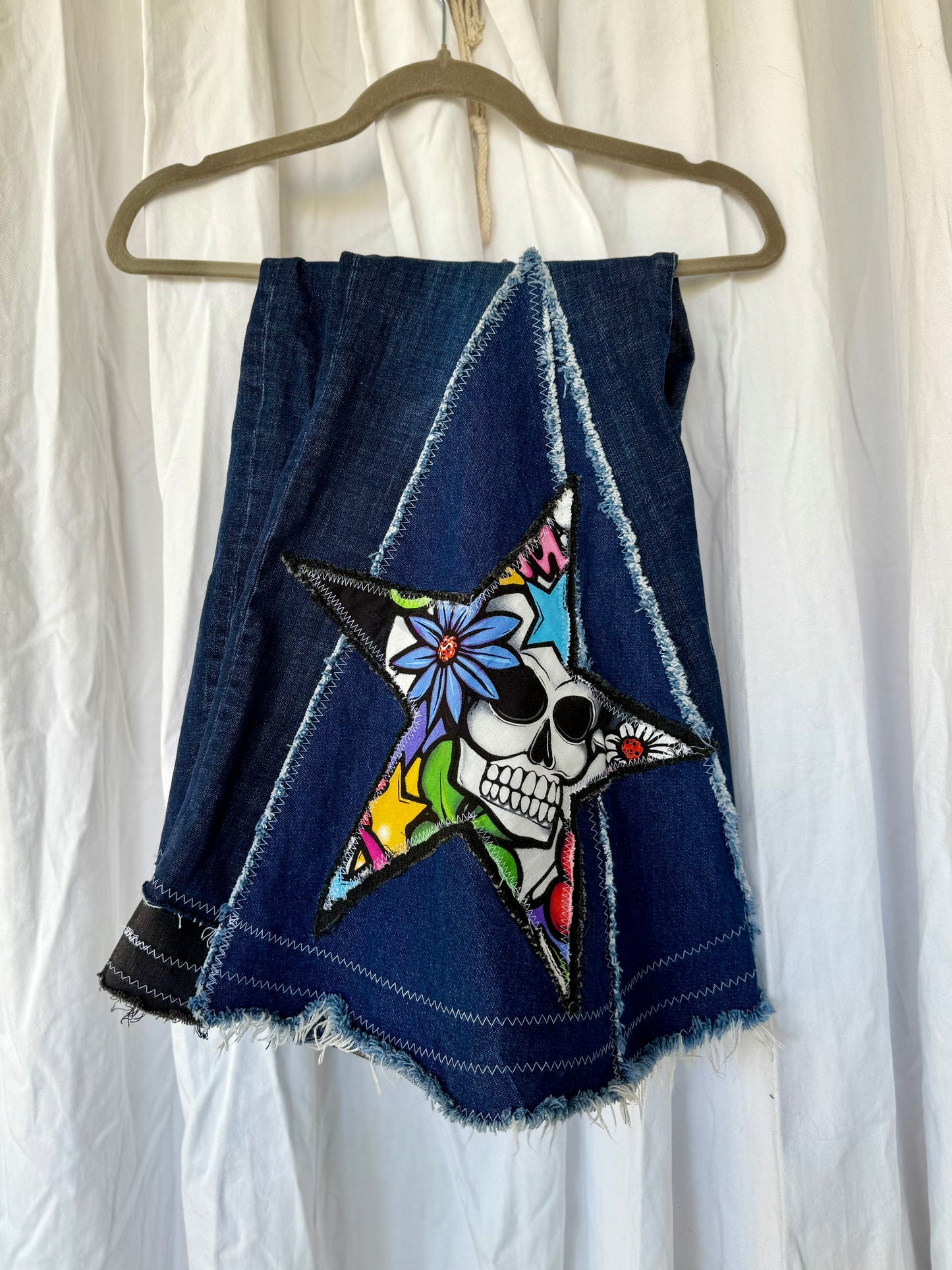 Sugar Skull Star Bell Bottoms – Upcycled Denim Statement Jeans (size 12)