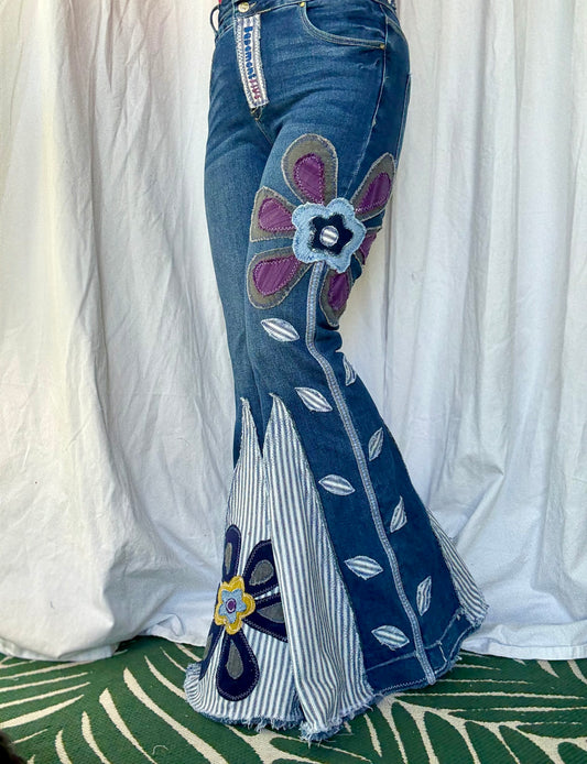 Floral Bell Bottom Jeans – Purple Petal & Stripe Design (Size 12)