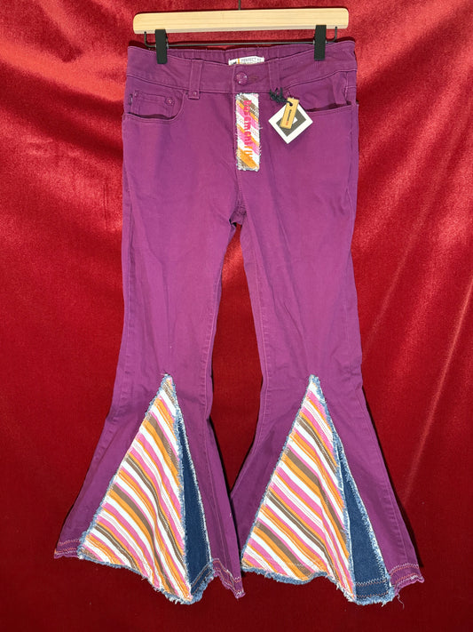 Upcycled Purple Lee Rider Bell Bottom Jeans – Size 6 – Flare Pants with Diagonal Insert – Sustainable Retro Denim